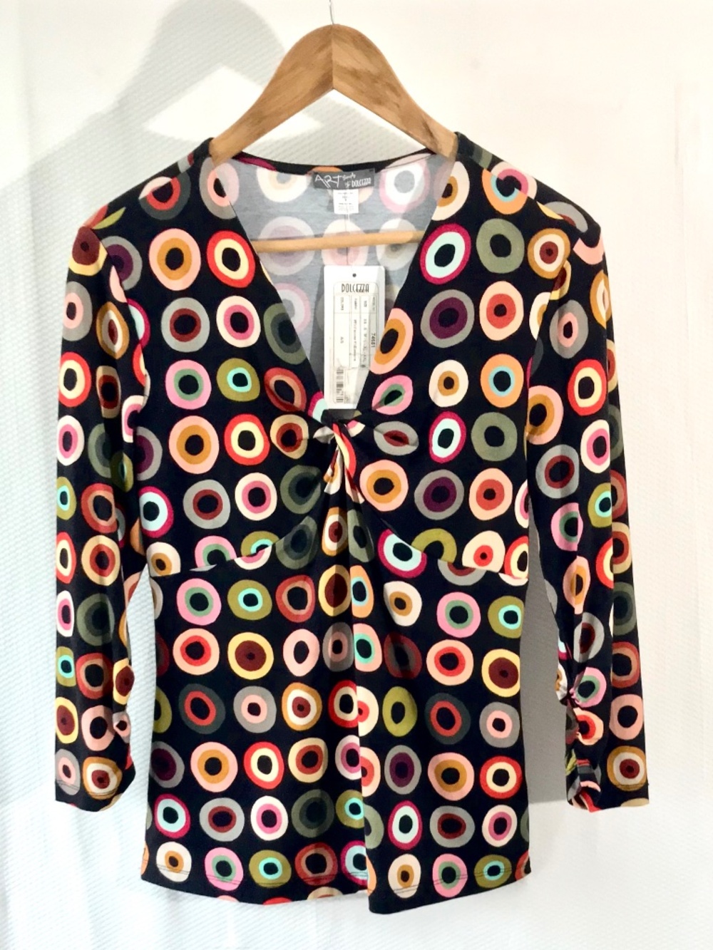 Dolcezza Retro Abstract Art Ruched V-Neck Blouse Top Front Knot Small NWT